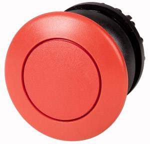 Red emergency stop button in close-up, typically used for immediately halting machines or devices.