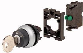 A removable key lock with mounting bracket and electrical switch module. Key switch in the 'Off' position.