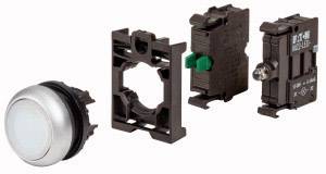 Four components of an industrial switch: silver push button, square frame and two black plastic parts with contacts.