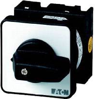 Black rotary electrical switch in a square white faceplate, branded Eaton.