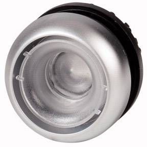 A round, silver control knob with a transparent edge, likely for electronic devices or control panels.