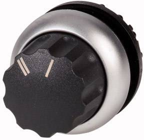 Black plastic rotary knob with silver trim and two white marking lines on the top surface.