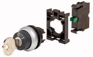 Key switch components in individual parts: key cylinder, mounting frame, electrical module. Used for control and security.