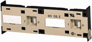 A rectangular two-colour switch with the inscription 'MV DILE', showing switch positions '0' and 'I'. Contains certification symbols.