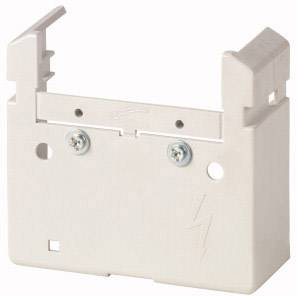 A white plastic holder with metal components and a lightning symbol, presumably designed for electronic devices or components.