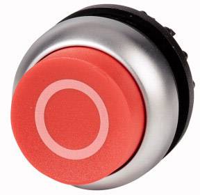 Red emergency stop button, set against a white background, used for the immediate shutdown of machinery in emergency situations.