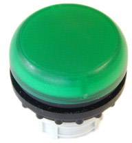 A large, green button on a black base, typical for use as a start or confirmation button on machine control panels.