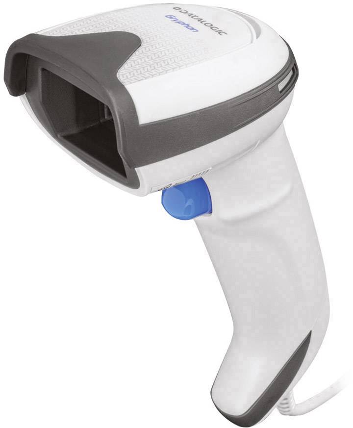 A white handheld scanner with grey accents and a blue button, used for reading barcodes in shops or warehouses.