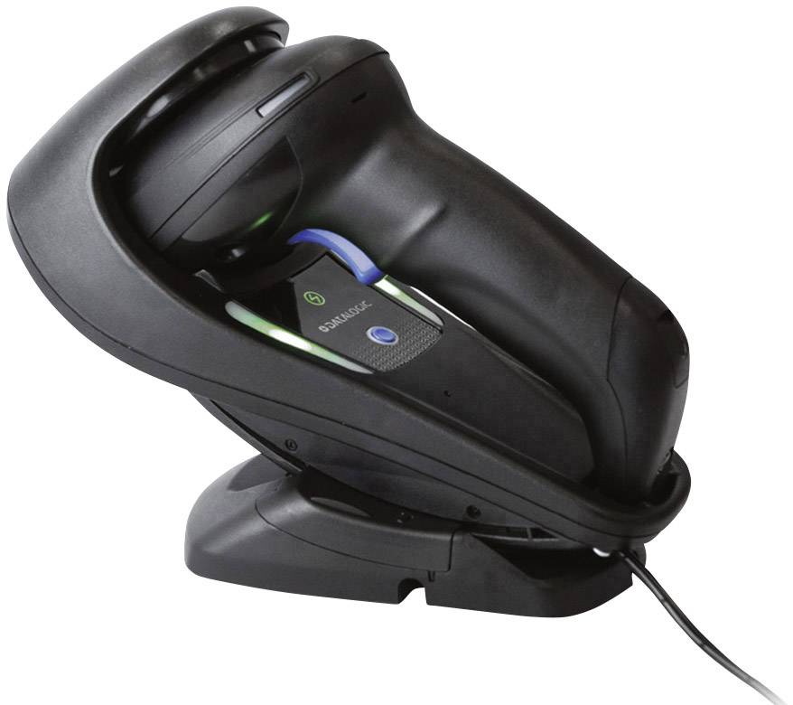 A hand scanner in a charging dock, connected by a cable. The scanner has a black and blue surface with green display elements.
