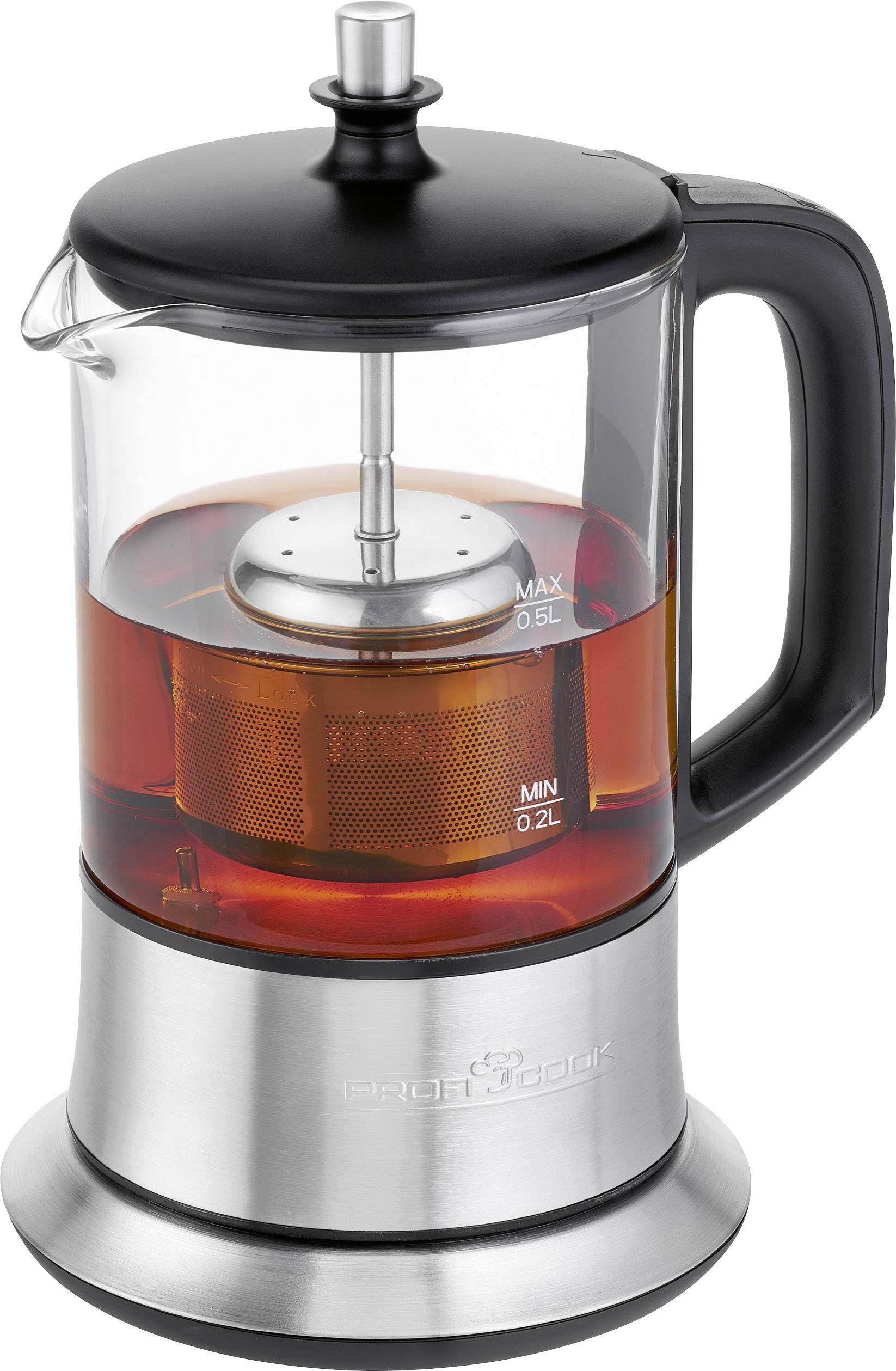 Electric kettle with glass container, tea strainer, and stainless steel base. Water level indicators for 0.5L and 0.2L.