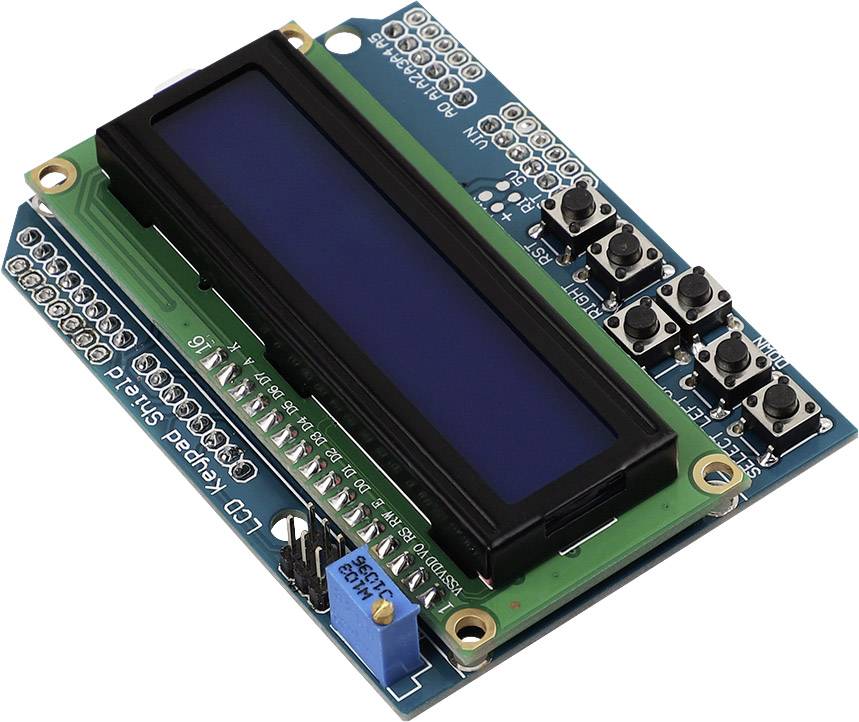 An Arduino shield with a black LCD screen and multiple buttons, suitable for electronic projects to display information.