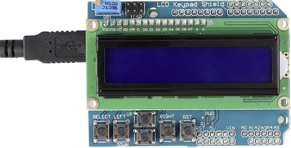 An LCD keypad shield with 'Select', 'Left', 'Up', 'Down', 'Right', 'RST' and 'PWR' buttons, connected via a USB cable.