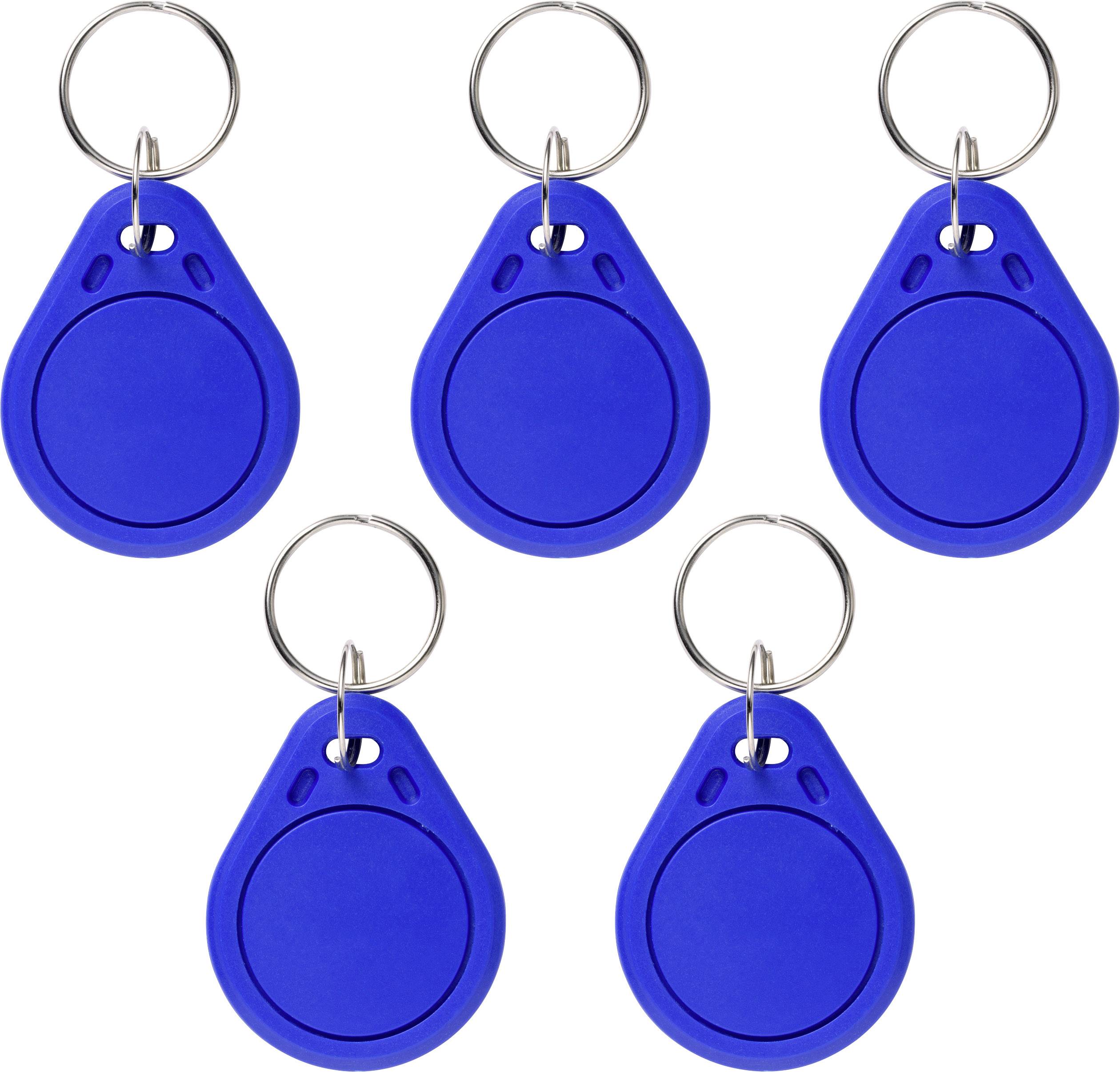 Five blue RFID key fobs with metal rings, symmetrically arranged, against a white background.