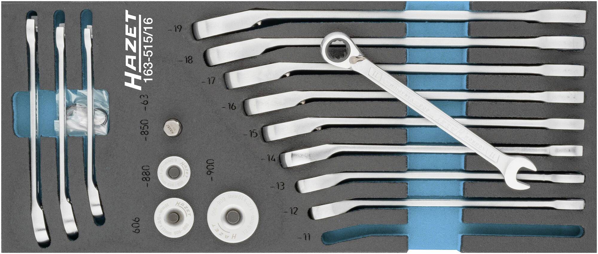 Set of Hazet spanners and tools in a foam insert. Various sizes, clearly arranged.