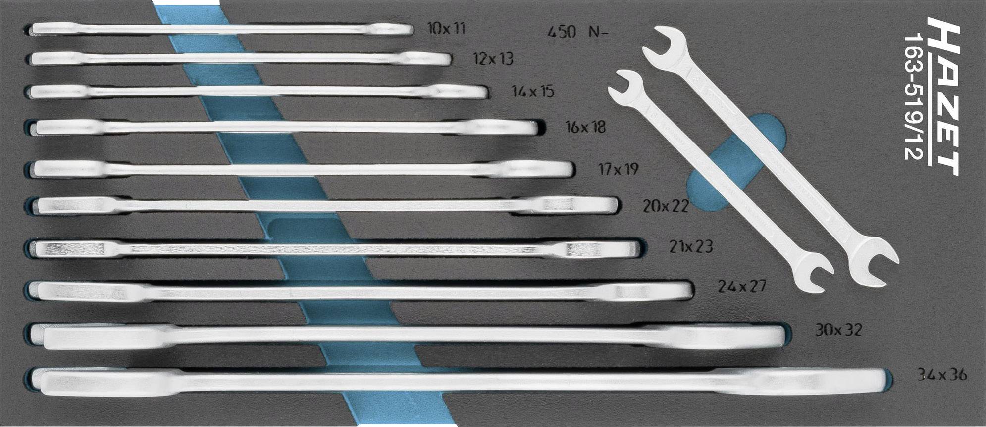 Set of 12 double ring spanners in various sizes by Hazet, arranged on a grey background with blue accents.