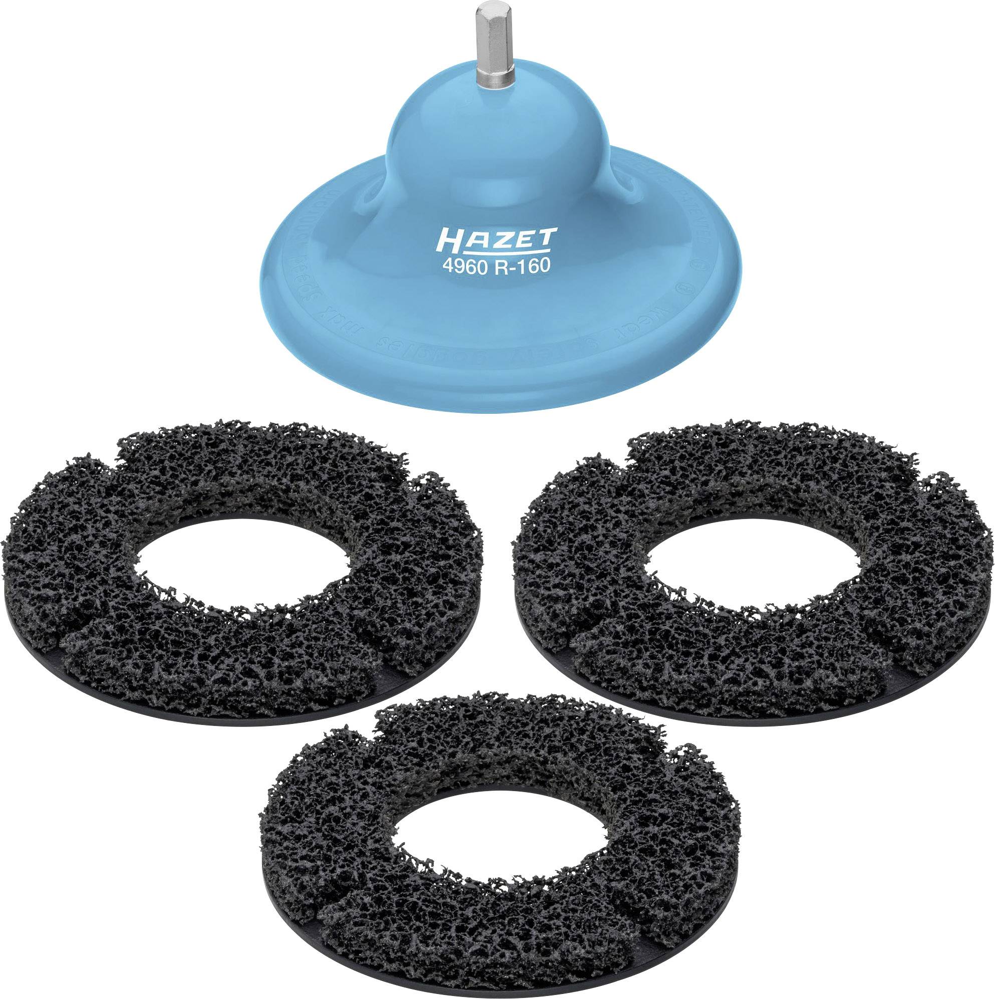 Blue grinding plate from Hazet with three black grinding pads. The tool is used for surface treatment and metal cleaning.
