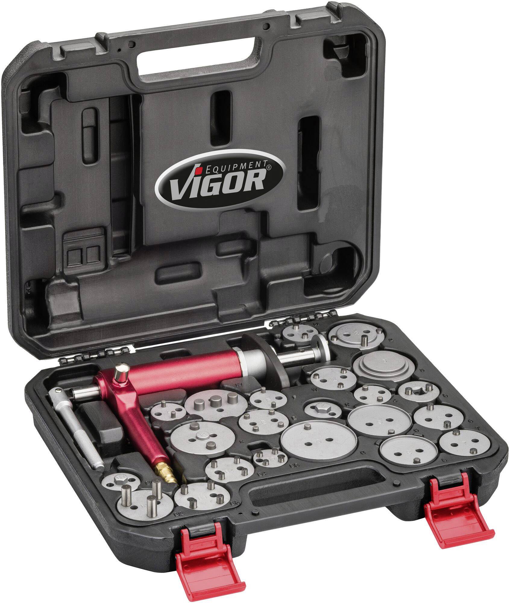 A suitcase containing a brake calliper reset set, comprising various metal tools and adapters, for the maintenance of braking systems.