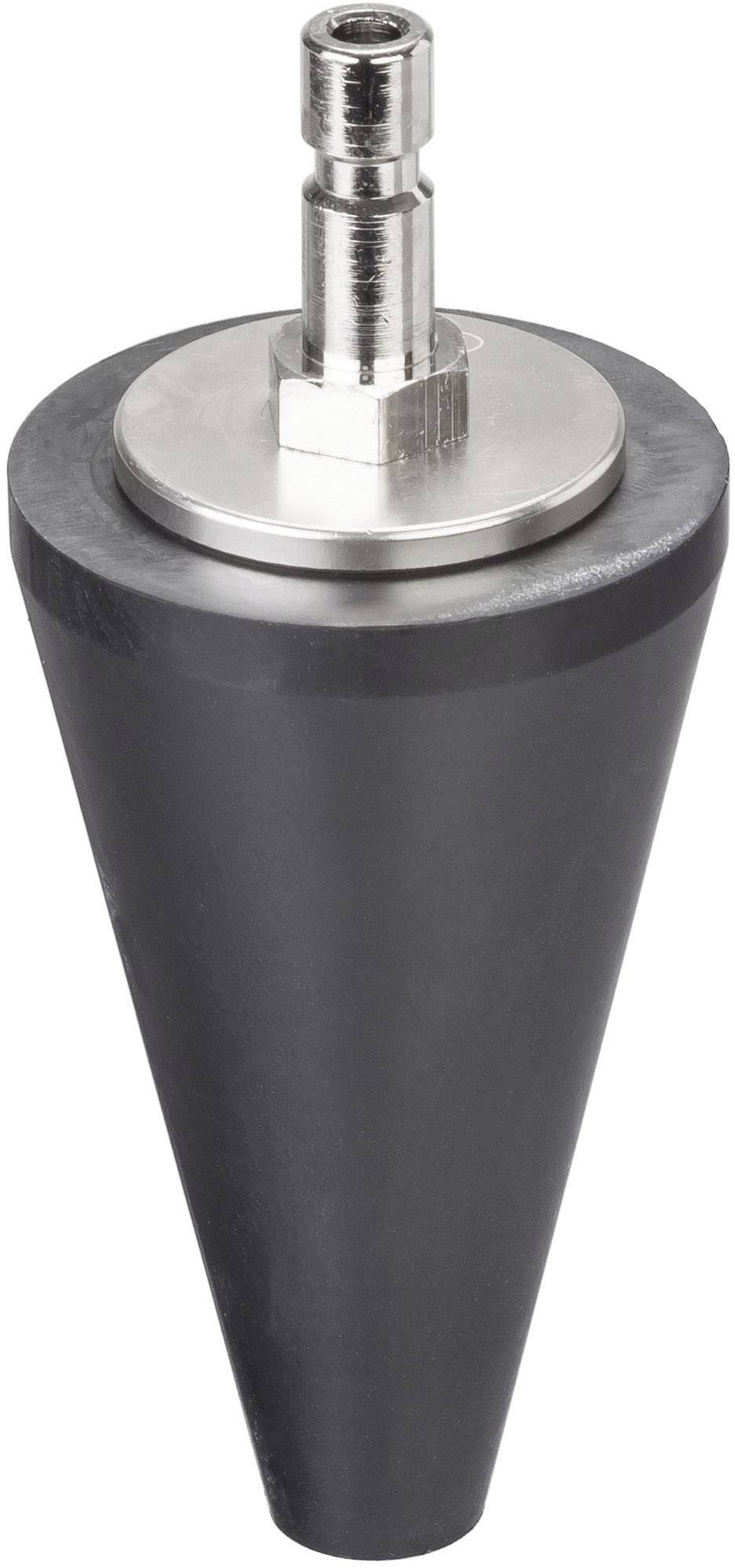 Black, conical rubber component with metal attachment and connection.