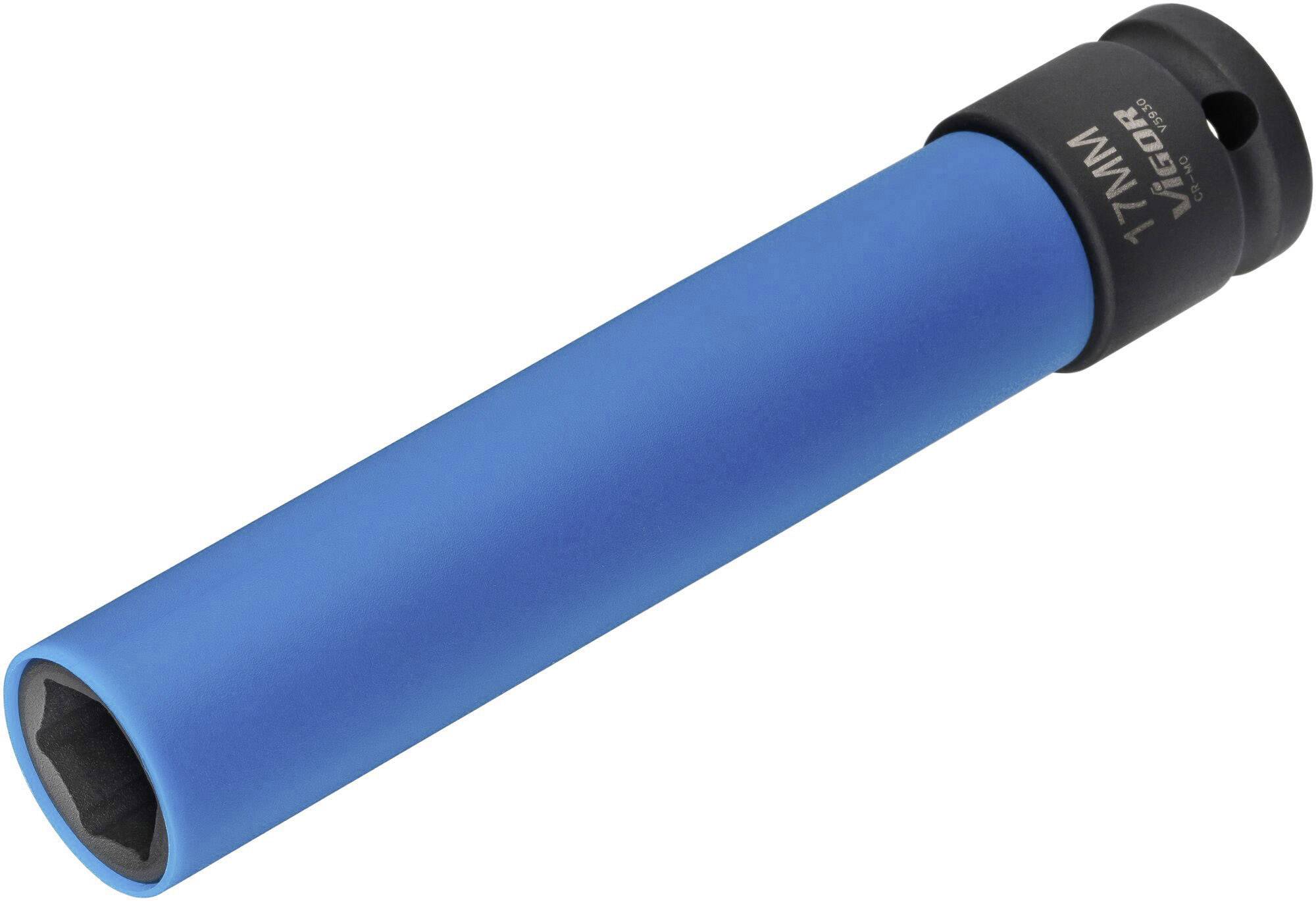 Blue impact socket with 17 mm size, commonly used for tightening or loosening screws and nuts with a torque wrench.