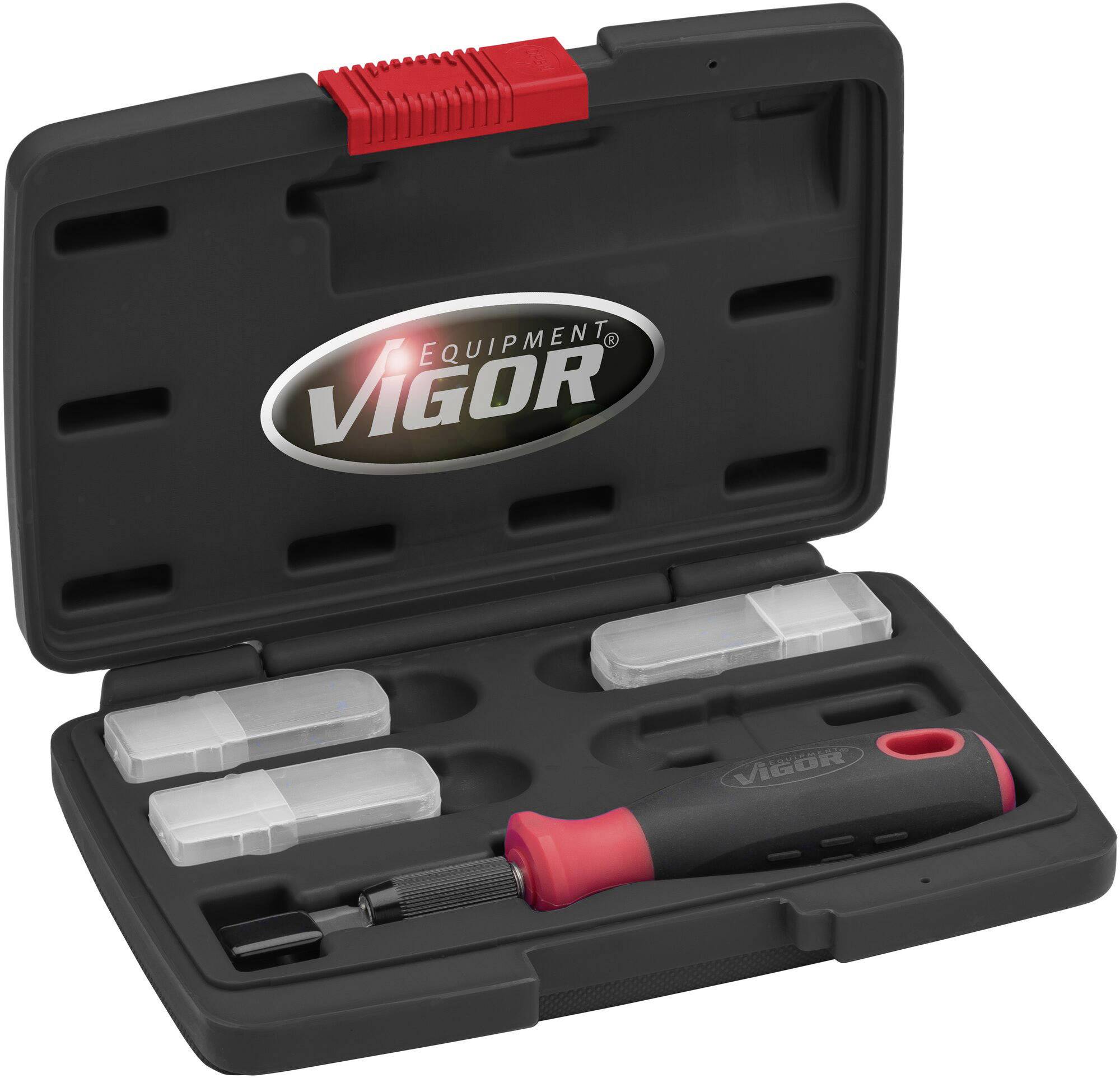 Tool case with screwdriver and attachments. Black case with red closure, open view.