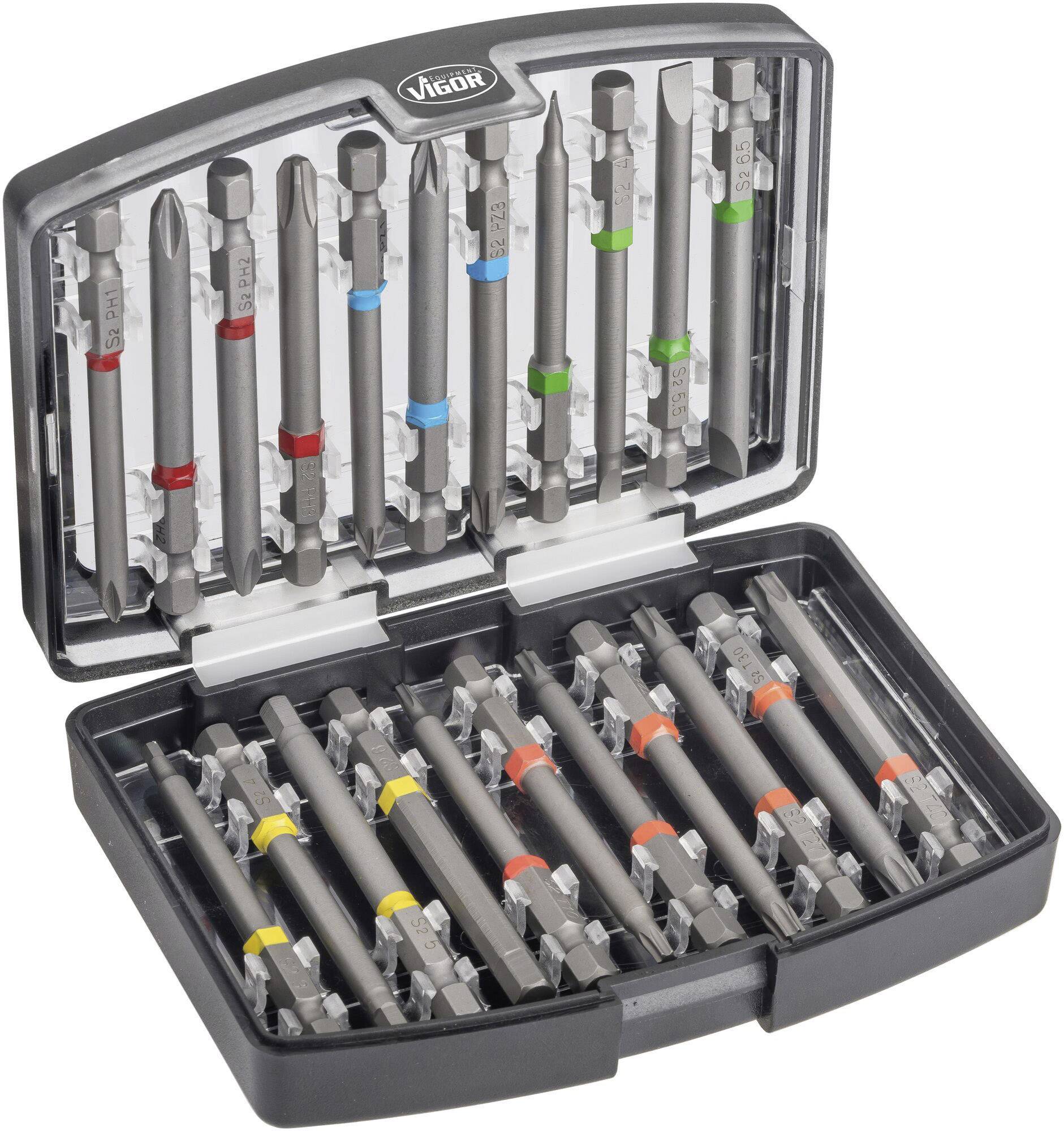 An open case containing various screwdriver bits, each colour-coded to indicate different sizes and types.