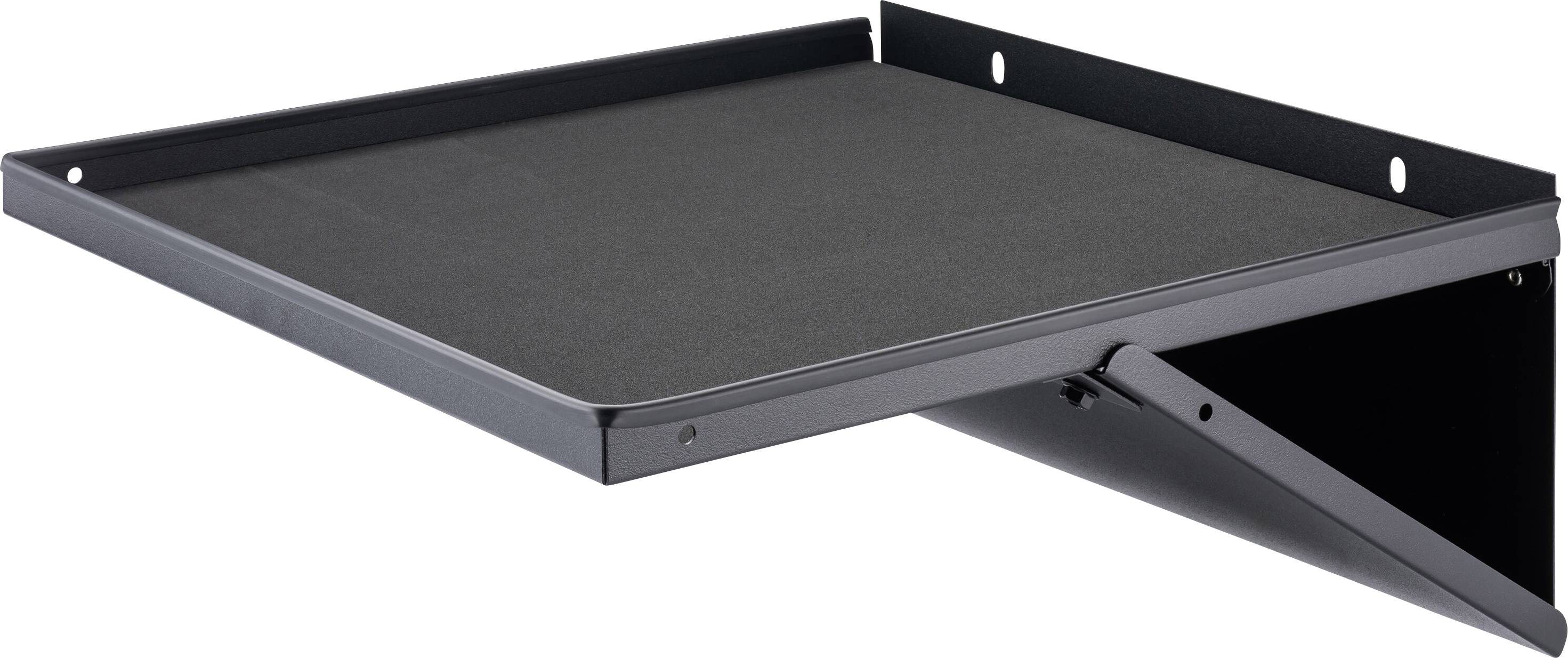Black metal shelving unit with L-shaped bracket, suitable for wall mounting.