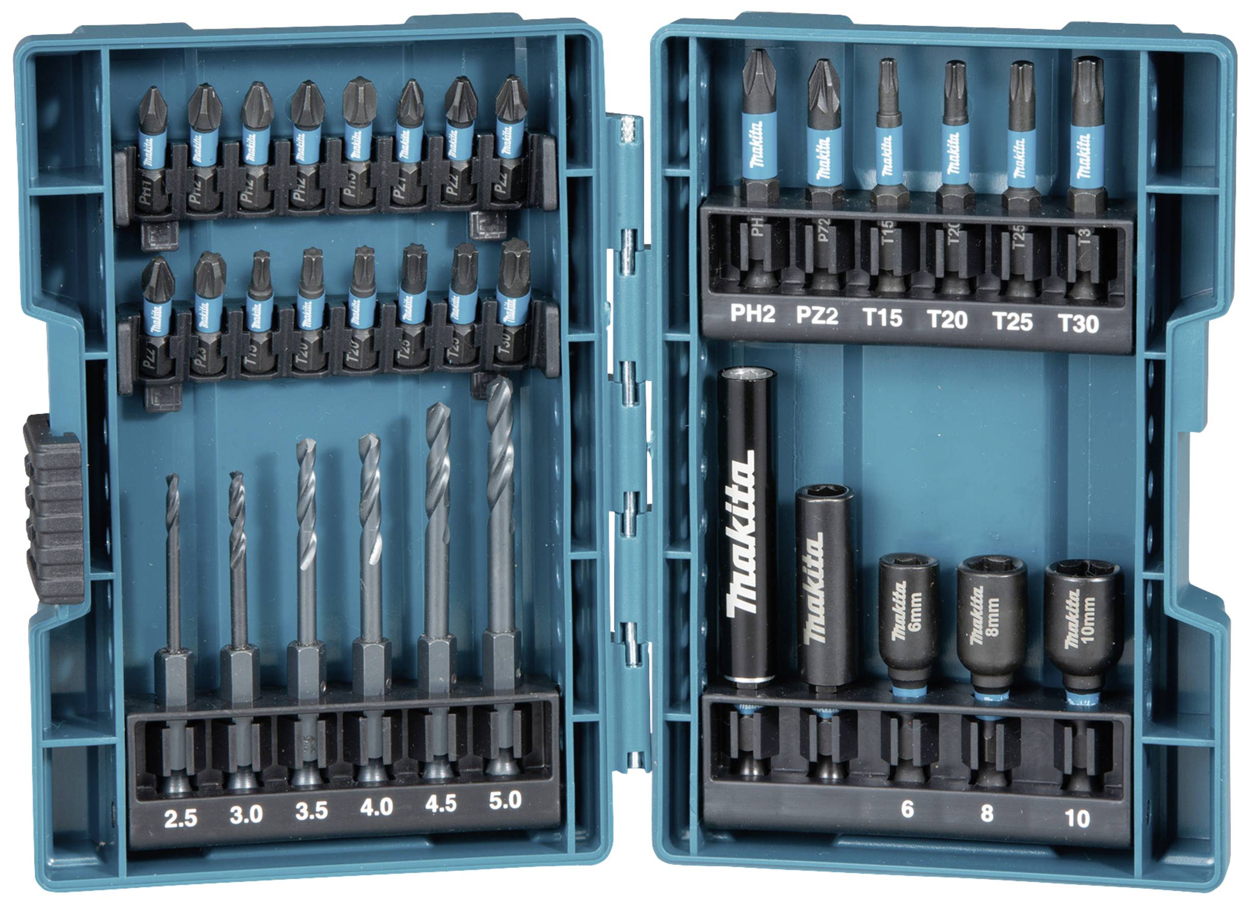 An open suitcase containing a set of drill and screwdriver bits in various sizes, all neatly organised in holders.