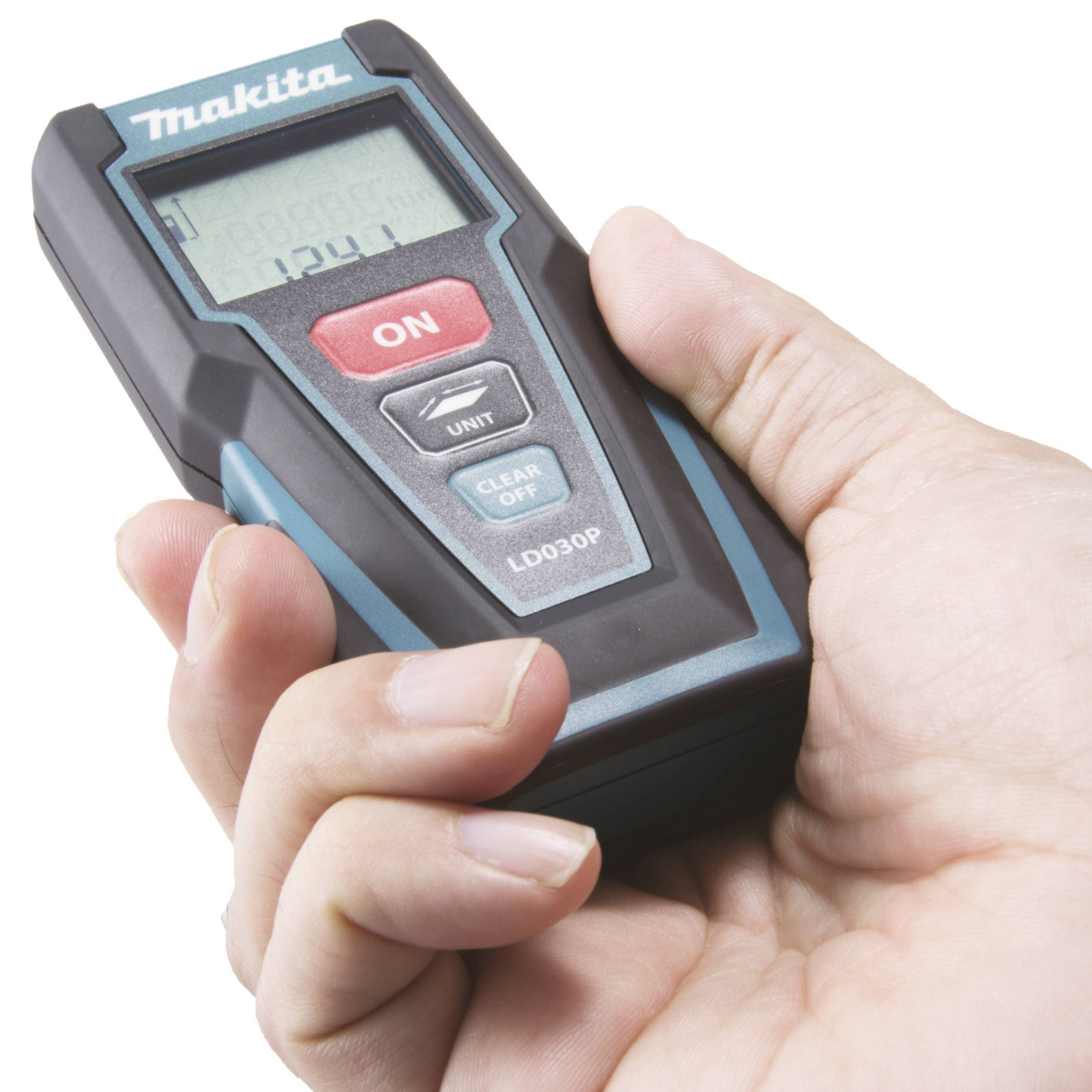 A hand is holding a digital distance measuring device with a display and 'ON' and 'UNIT' buttons.