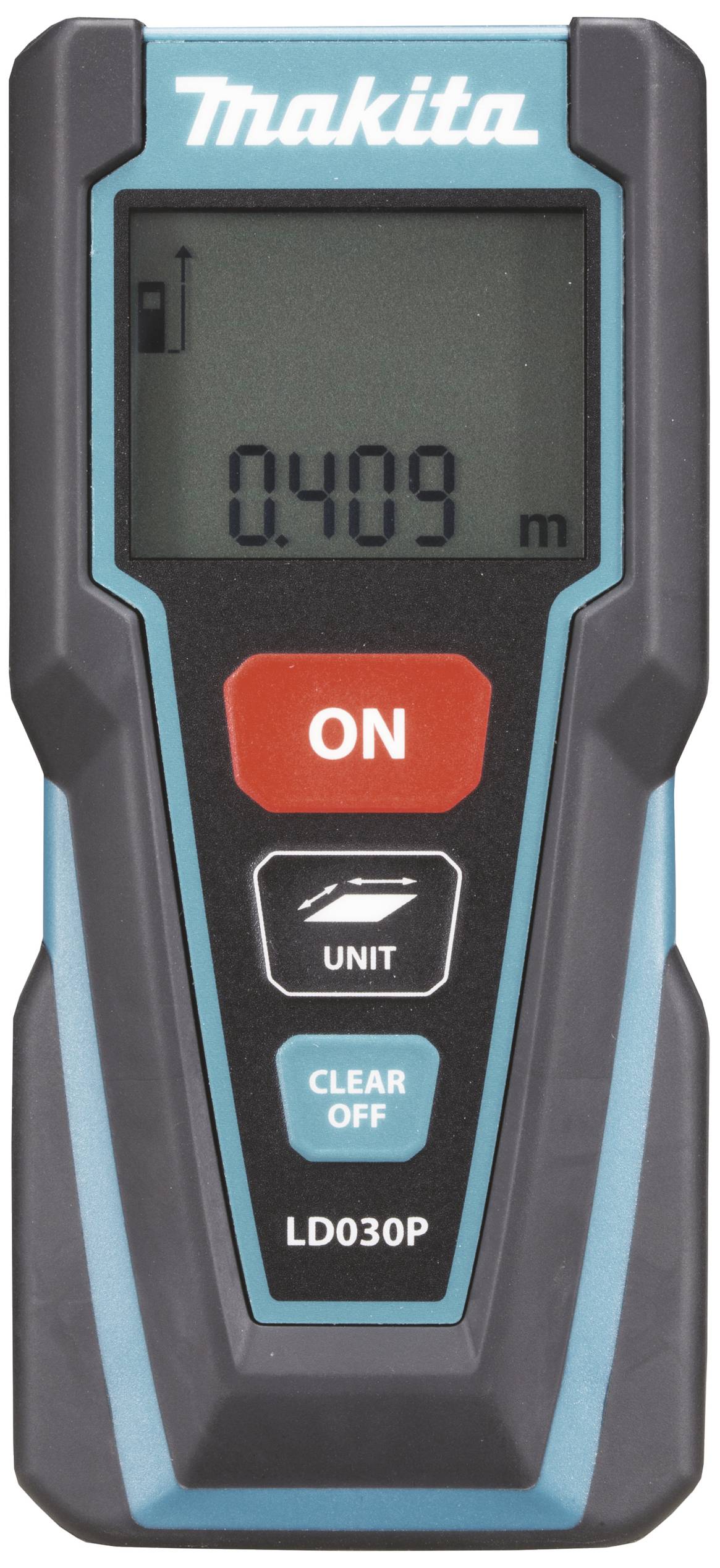 Laser distance metre shows '0.409 m' on the screen. Buttons: 'ON', 'UNIT', 'CLEAR OFF'. Brand name displayed at the top.