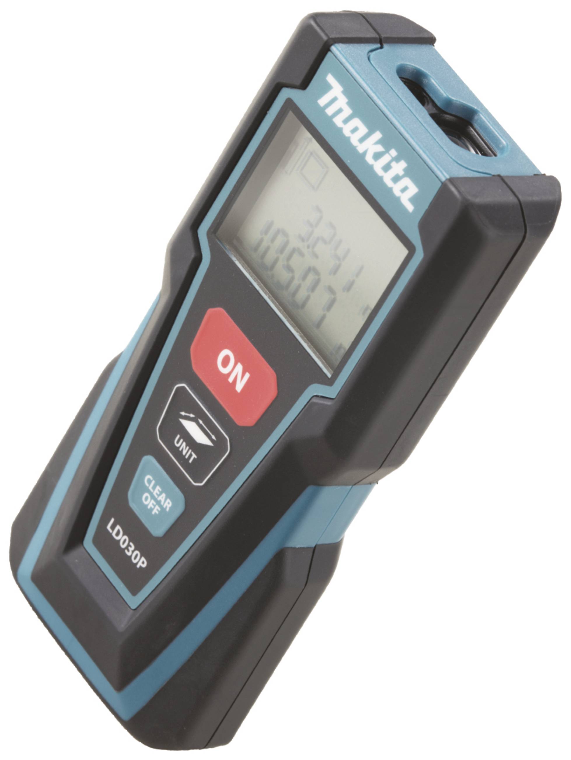 Measuring device shows numbers on the display. It has blue and black colours with red and white buttons. Brand logo on the top surface.