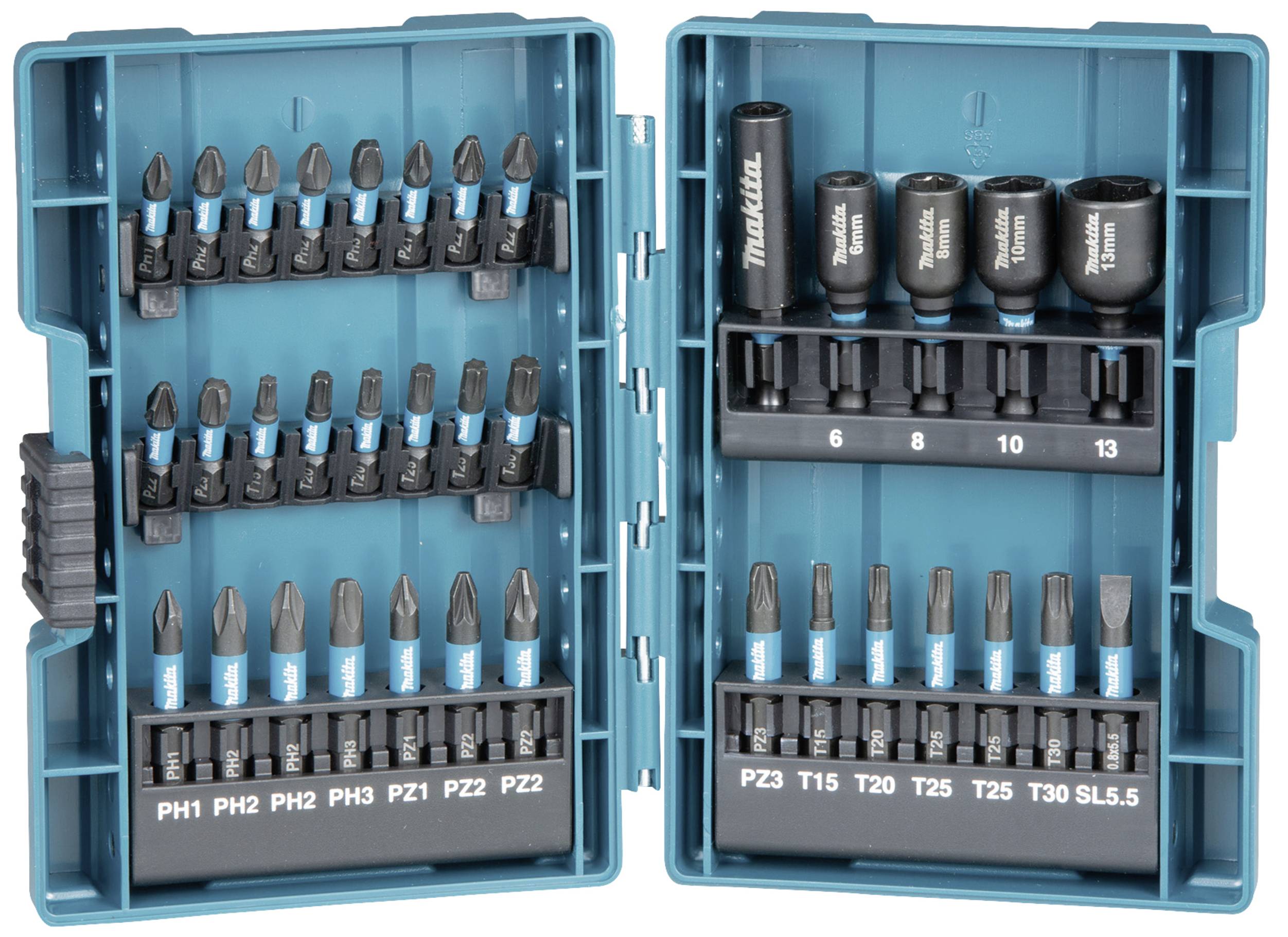 Open case with a variety of screwdriver bits and socket keys, organised in multiple rows. Brand name visible.