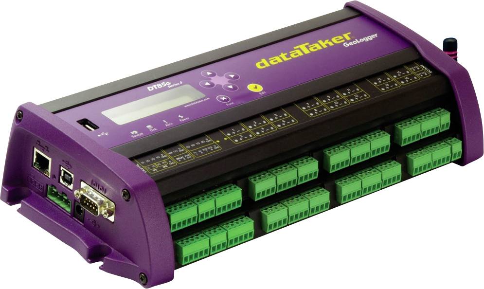 Electronic measuring device with display and multiple green sockets, e.g. for scientific data acquisition.