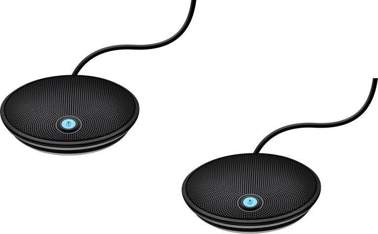 Two black desk microphones with blue indicator lights and cables. Suitable for conferences or meetings.