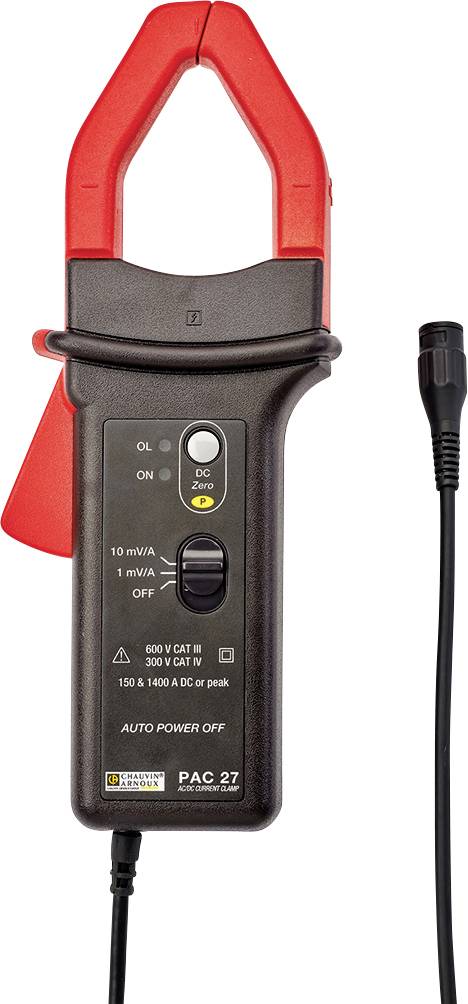 Clamp meter with red clamp head and digital display. Inscription: 'PAC 27 AUTO POWER OFF'. Contains various switches and measurement ranges.