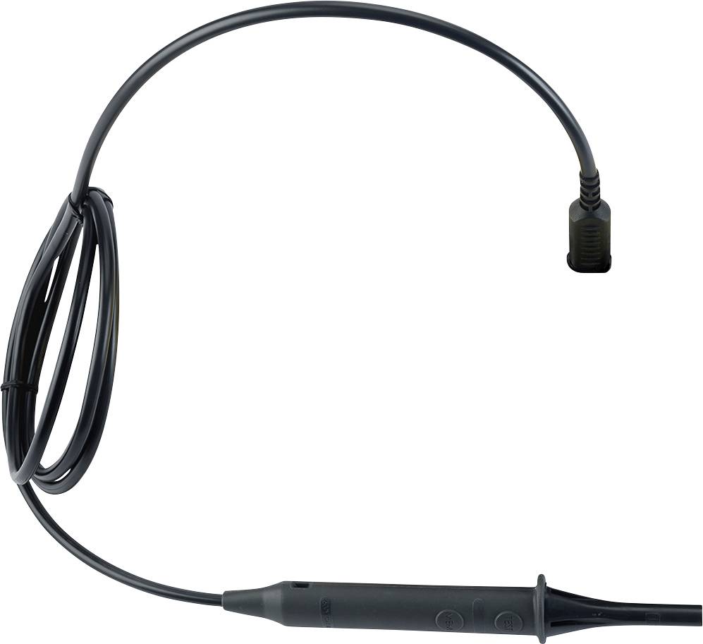 Black, spiral-shaped cable probe with rectangular connector and straight handle, suitable for technical devices and measurements.