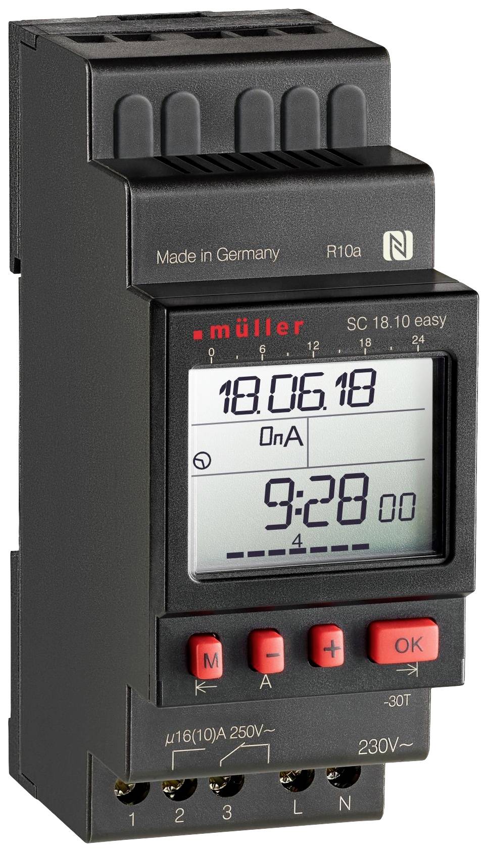 Electronic time switch with display and buttons, shows date and time. Device is intended for mounting in electrical installations.
