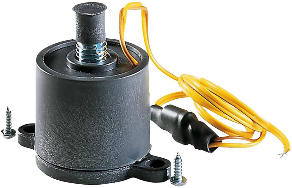 A black electromagnet with two mounting tabs and orange wires, connected to a power source.