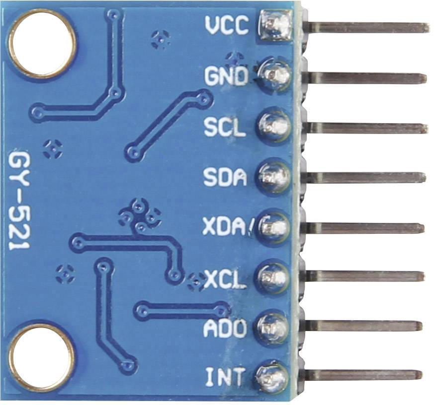 Close-up of a GY-521 sensor board with connections: VCC, GND, SCL, SDA, XDA, XCL, ADO, INT. Primarily for Arduino projects.