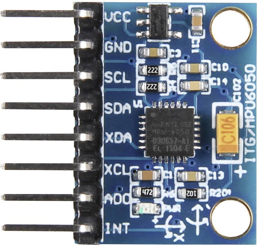 Electronic module with sensors and circuit boards, blue background, black pins on the side. Main chip in the centre.