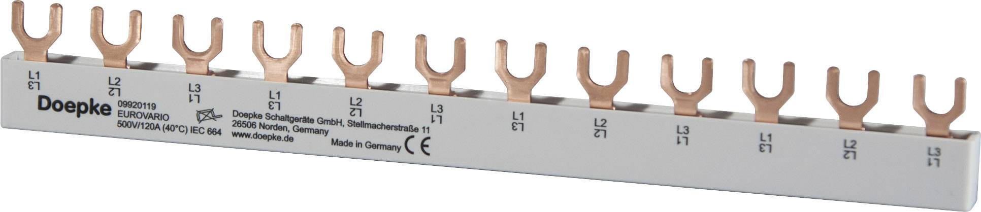 Copper bus bar with forked ends, labelled 'Doepke' and 'Made in Germany', suitable for electrical connections.
