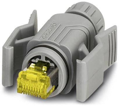 A grey network plug with a yellow connector and side levers for securing it in a socket.