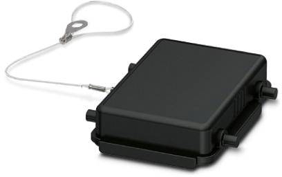 Rectangular black casing with rounded corners, attached to a thin wire loop with a metal connector.