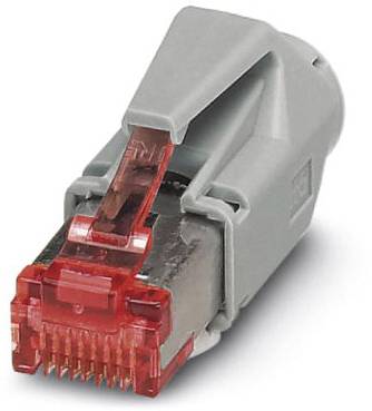 A grey RJ45 network plug with red elements, suitable for Ethernet cable connections, lies on a white surface.