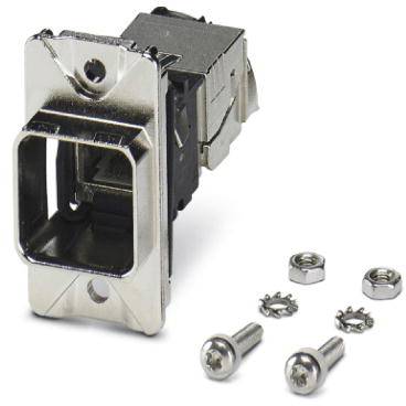 A rectangular metal plug with a plastic housing, accompanied by two screws and their corresponding nuts, on a white background.