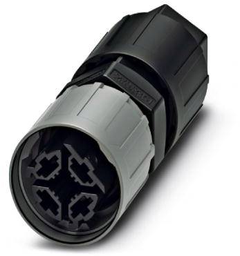 A round, multi-pole connector in black and grey, suitable for industrial applications, with a robust housing and locking mechanism.