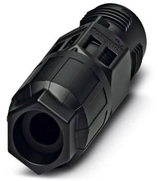 A black, cylindrical connector with a ribbed and smooth section, suitable for electrical or electronic connections.