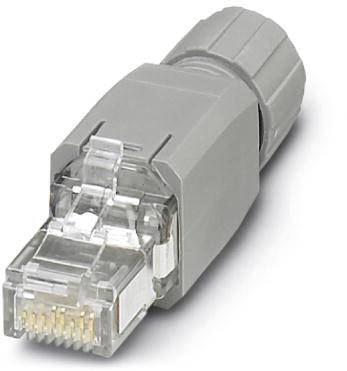 A grey Ethernet plug with a transparent plastic housing for network cables.