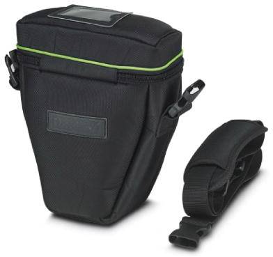 Black camera bag with green accent and separate shoulder strap, suitable for the secure transportation of cameras and accessories.