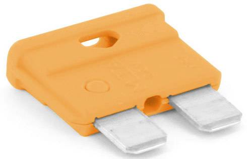 Orange flat fuse with two metallic contacts. Used to protect electrical circuits from overcurrent.