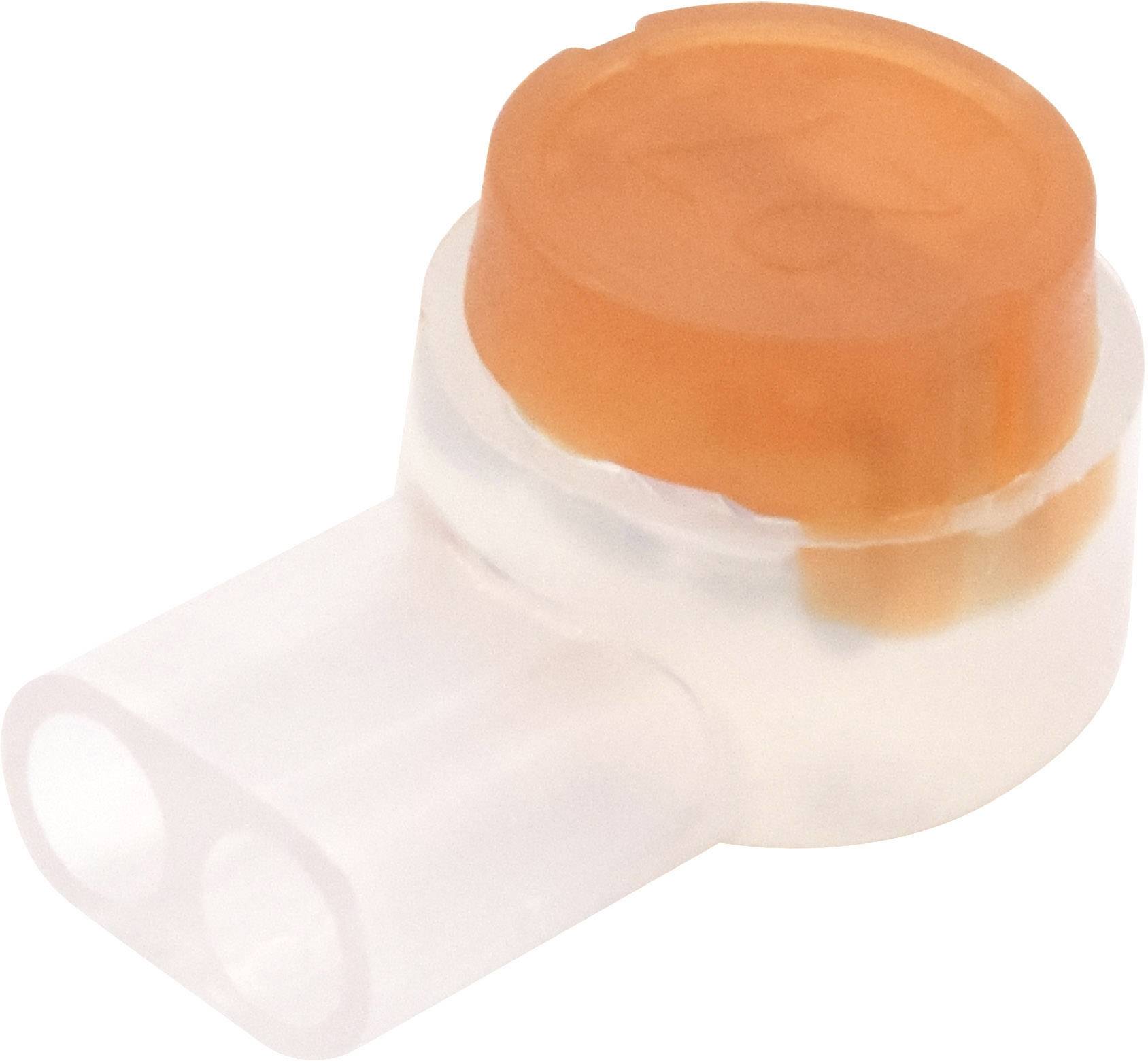 A transparent plastic plug with an orange top section, used for electrical connections.